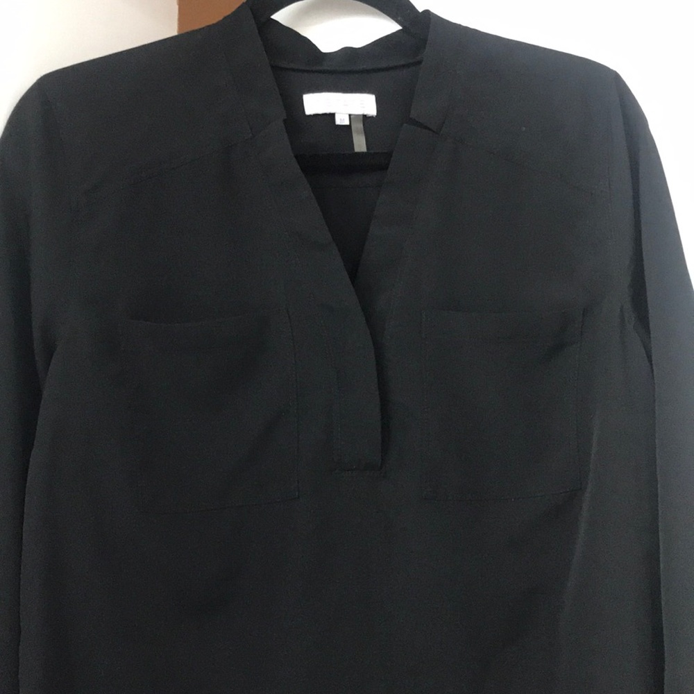 1.State Long Sleeve Black collarless blouse